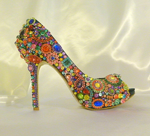 Colourful brooch peep toe bridal shoes by TLC Creations