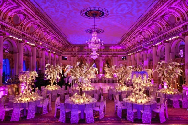 Opulent ballroom with purple lighting